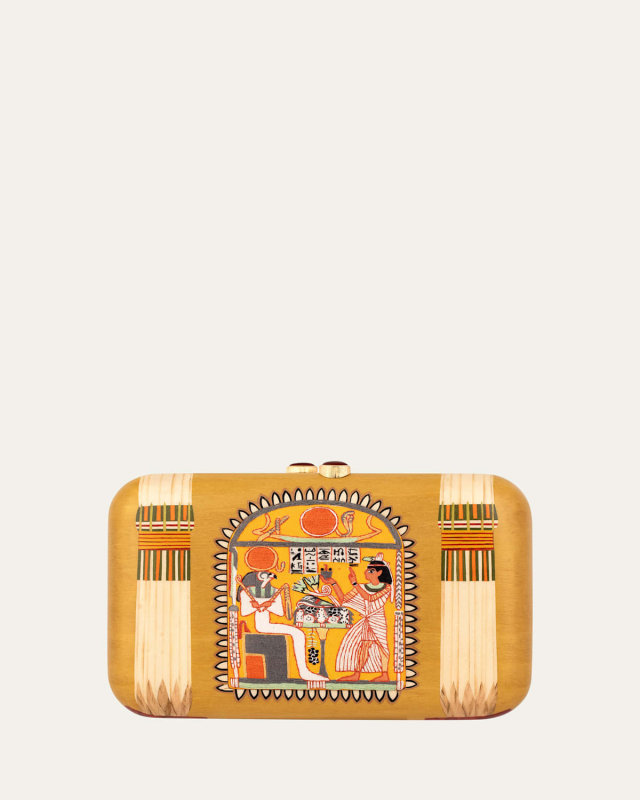 18K Yellow Gold Rectangular Marquetry Clutch with Egyptian Motif and Red Agate